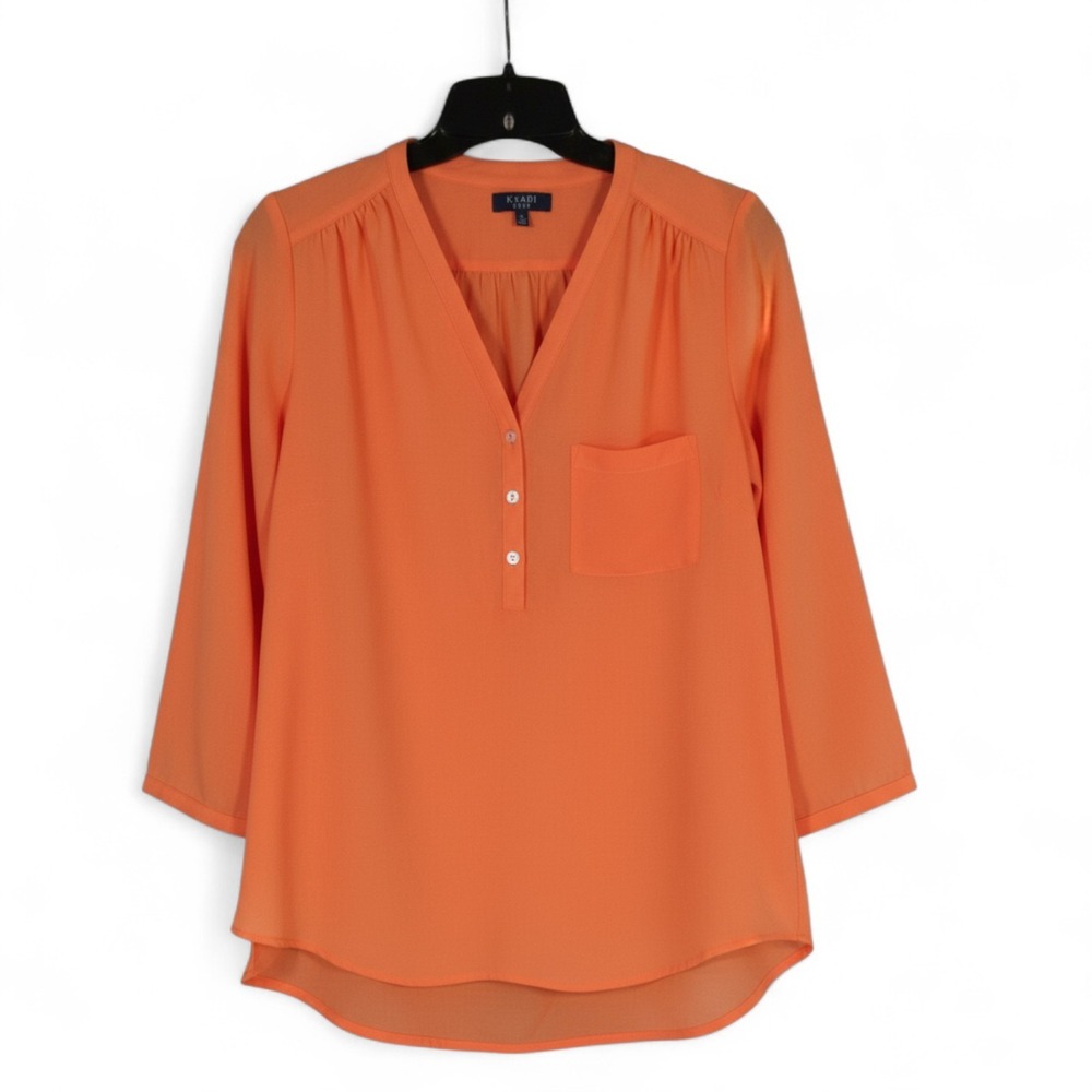 KAARI BLUE Twill SEMI-SHEER PLAID Orange BUTTON V-NECK 3/4 Roll-Tab BLOUSE/TOP L